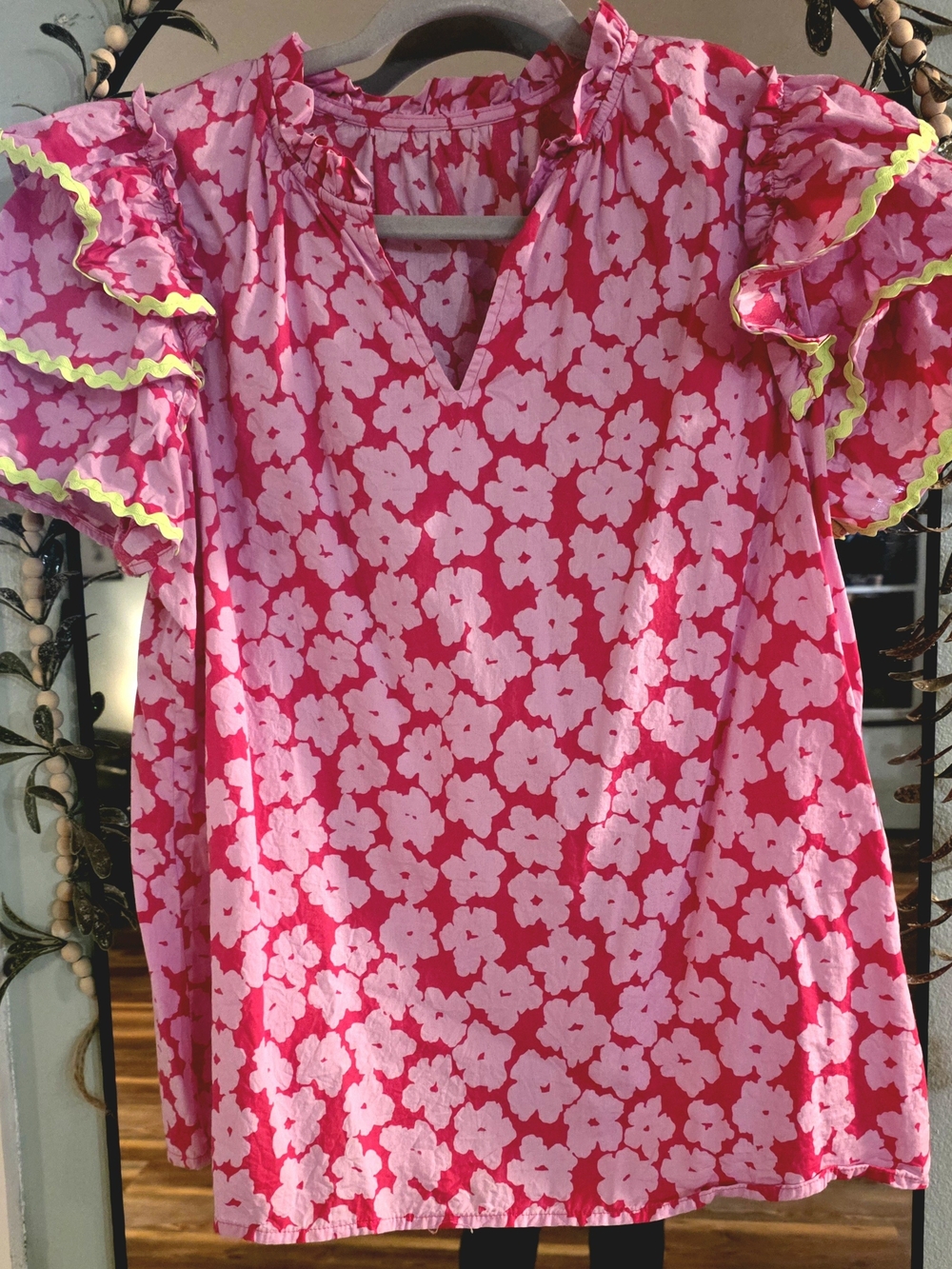 Womens Pink Floral Ruffle Sleeve Dress